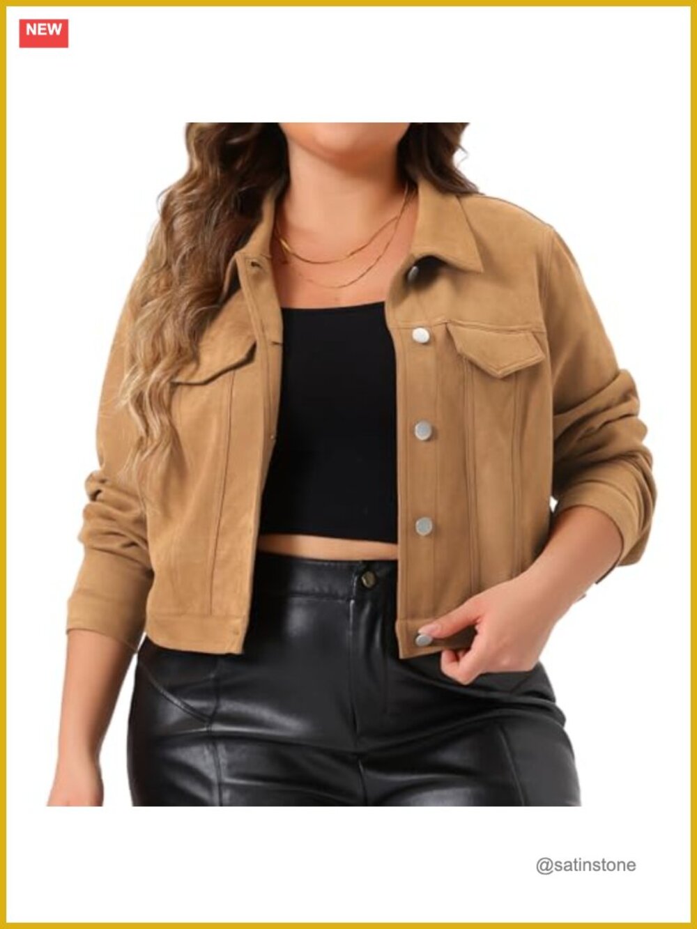 Plus Size Crop Moto Biker Jacket Faux Suede Leather Button Front